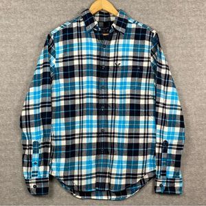 American Eagle Mens Blue/Black Madra Plaid Flannel LS Prep Fit Button Down SZ S